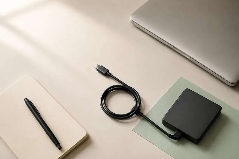 Laptop tertutup, external drive, notebook, pen, dan kabel di meja dengan aksen mint.