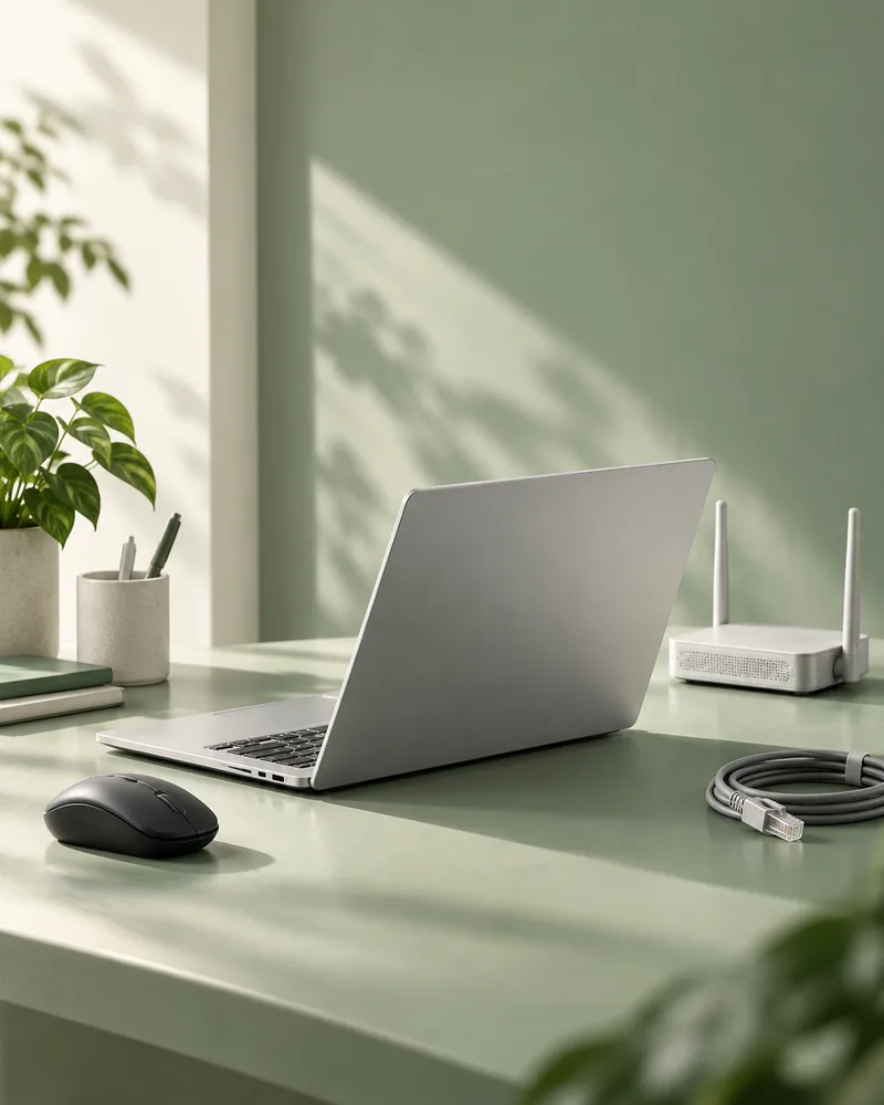 Laptop aluminium dilihat dari belakang, router, mouse, dan kabel jaringan di meja mint.