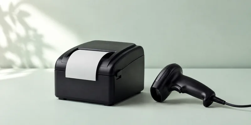 Printer thermal dengan kertas struk kosong dan barcode scanner di atas permukaan mint.