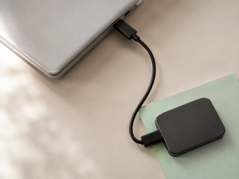 Sudut laptop dan external SSD terhubung untuk kebutuhan backup atau pindah data.